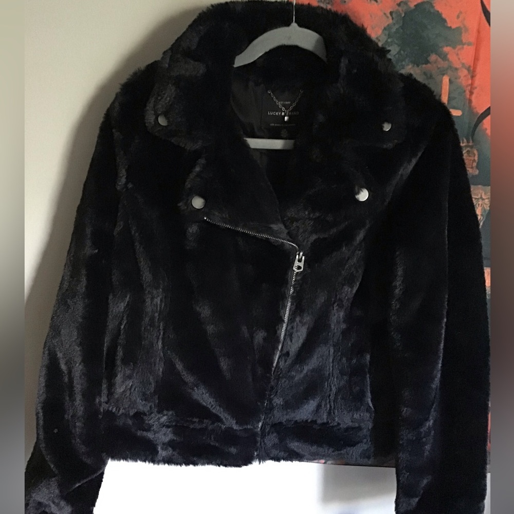 Women’s Lucky Brand Black Faux Fur Moto Biker Large Jacket